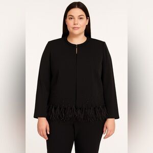 Marina Rinaldi Made in Italy Black Beaded Feather Hem Blazer Jacket IT 52 /US 18